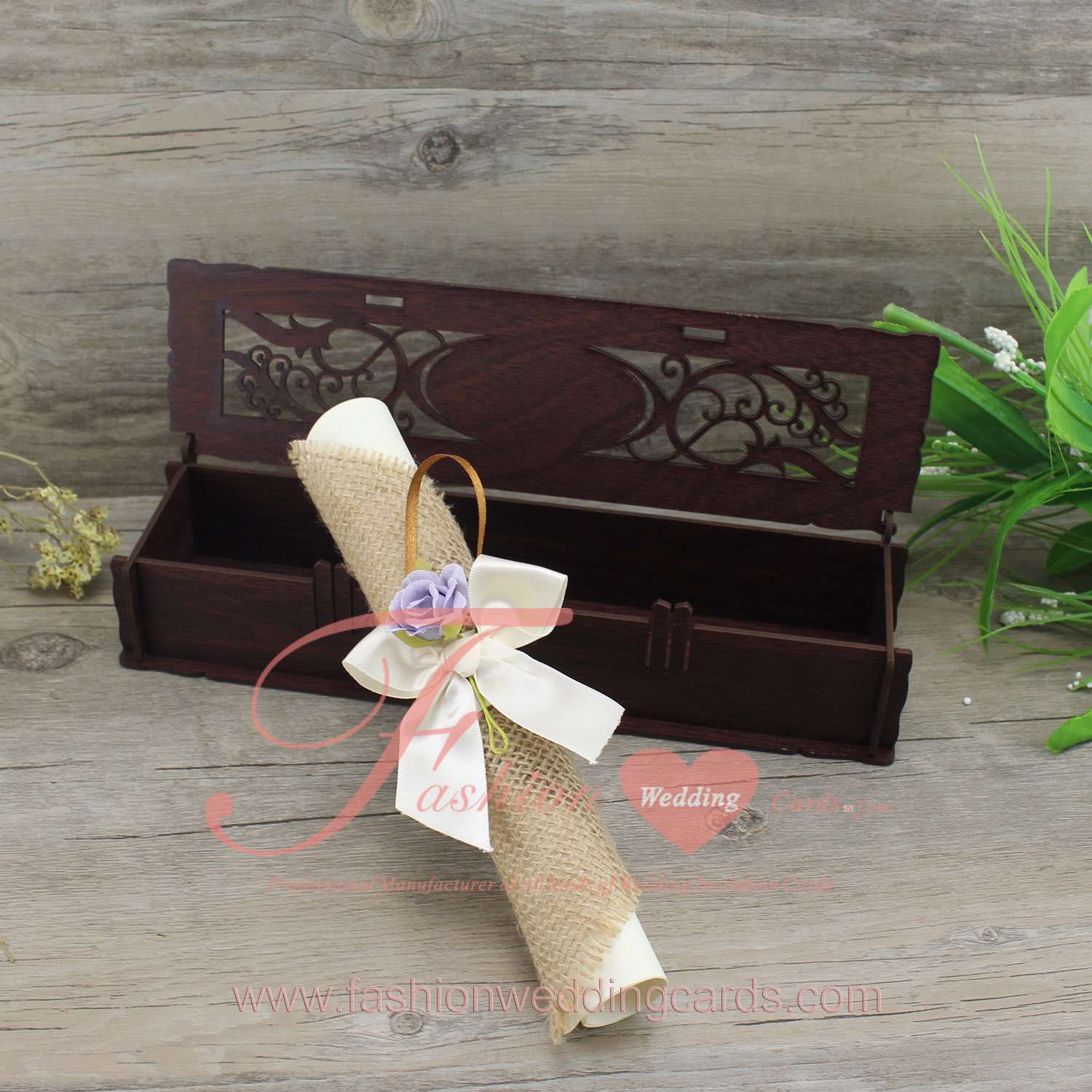 Hemp Design Scroll Wedding Invitation in a wood Box